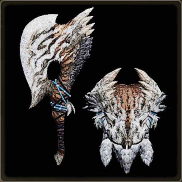 A close-up of a weapon in Monster Hunter Wilds against a black background.
