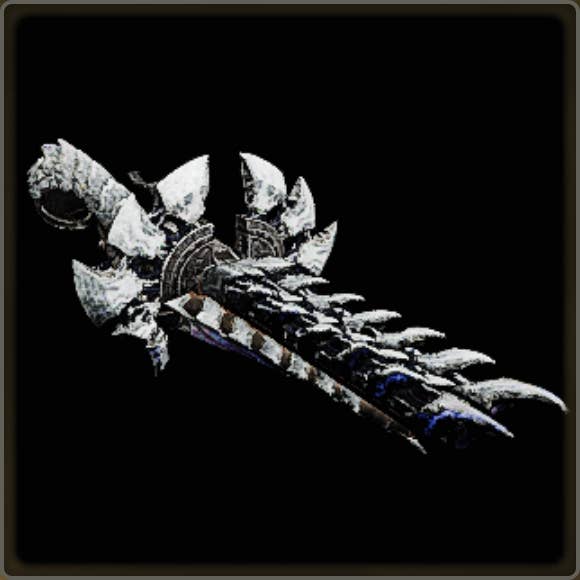 A close-up of a weapon in Monster Hunter Wilds against a black background.