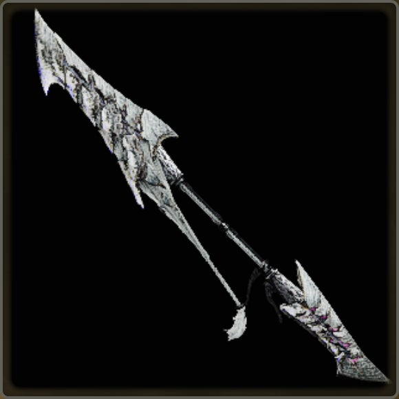 A close-up of a weapon in Monster Hunter Wilds against a black background.