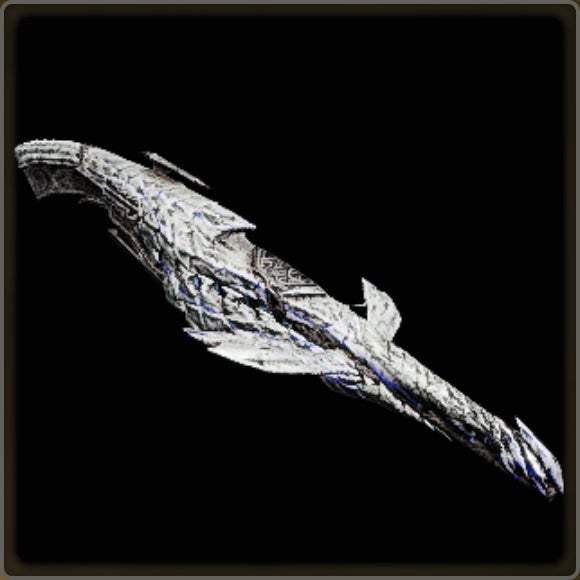 A close-up of a weapon in Monster Hunter Wilds against a black background.