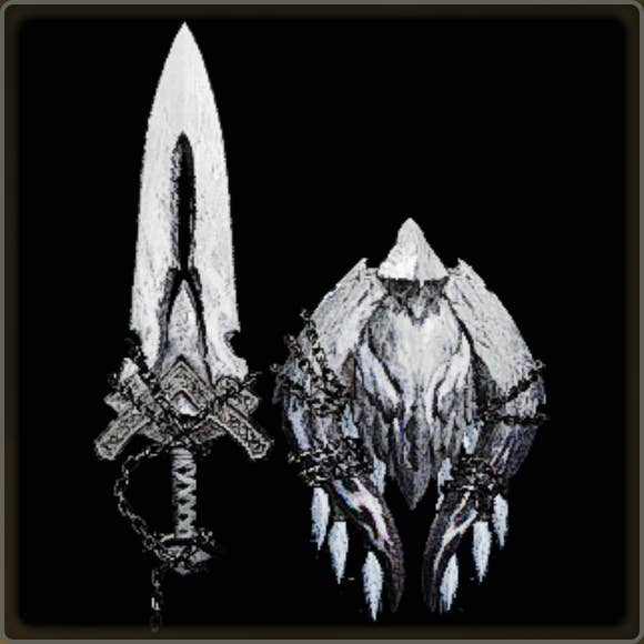 A close-up of a weapon in Monster Hunter Wilds against a black background.