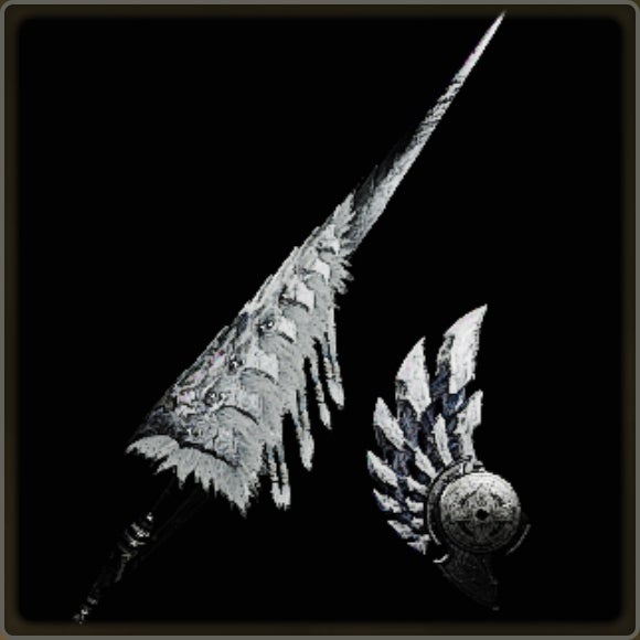 A close-up of a weapon in Monster Hunter Wilds against a black background.