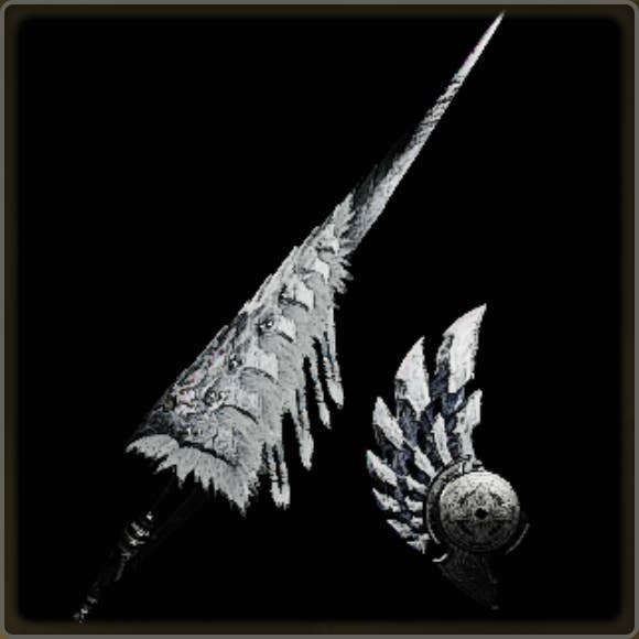 A close-up of a weapon in Monster Hunter Wilds against a black background.