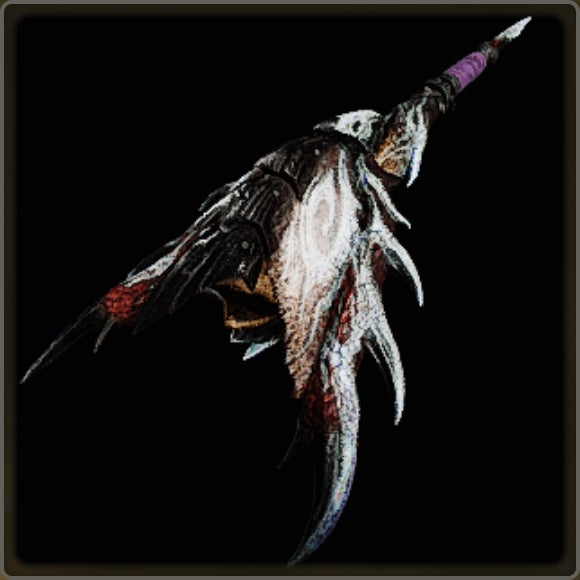 A close-up of a weapon in Monster Hunter Wilds against a black background.