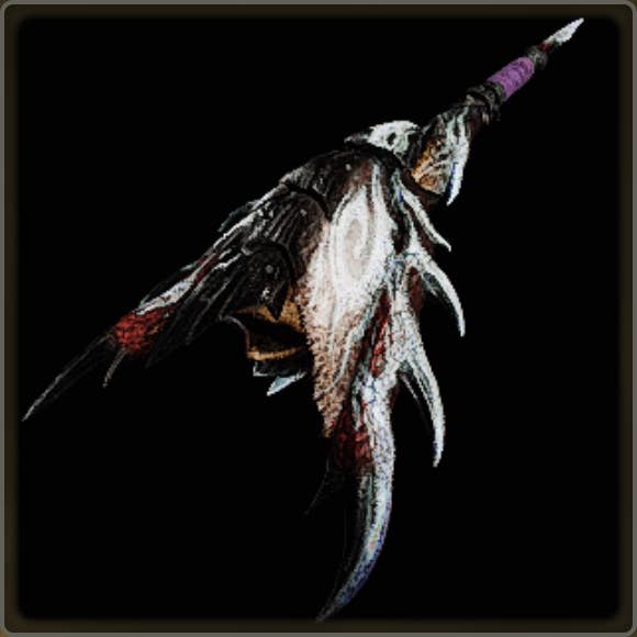 A close-up of a weapon in Monster Hunter Wilds against a black background.