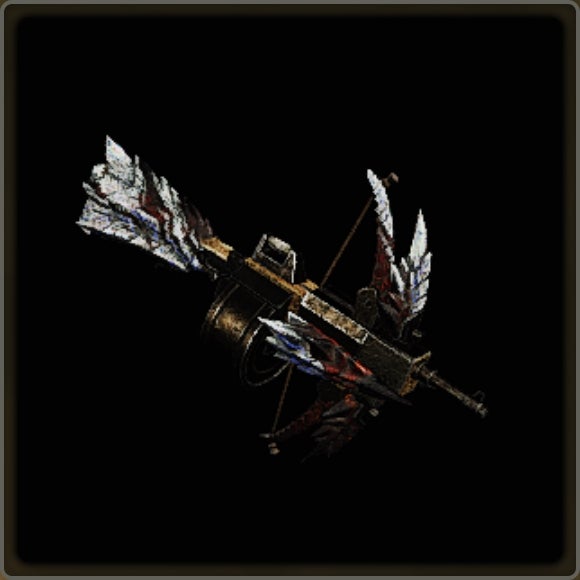 A close-up of a weapon in Monster Hunter Wilds against a black background.
