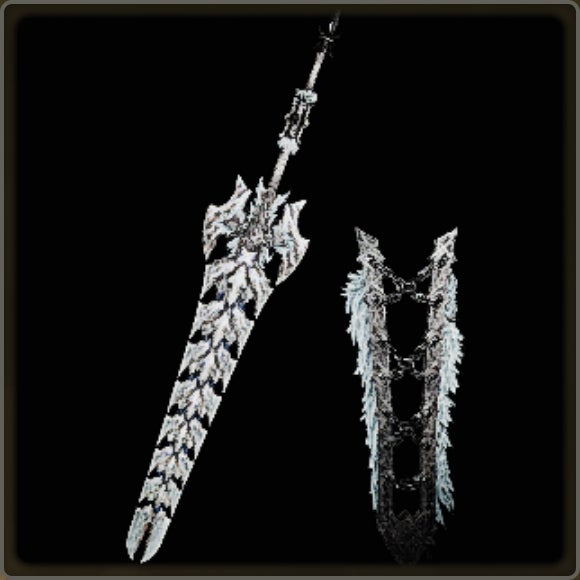 A close-up of a weapon in Monster Hunter Wilds against a black background.