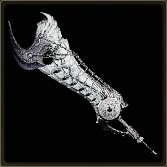 A close-up of a weapon in Monster Hunter Wilds against a black background.
