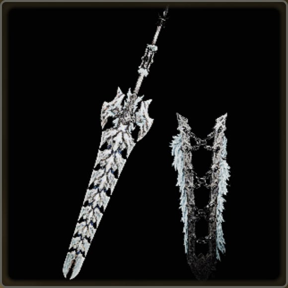 A close-up of a weapon in Monster Hunter Wilds against a black background.
