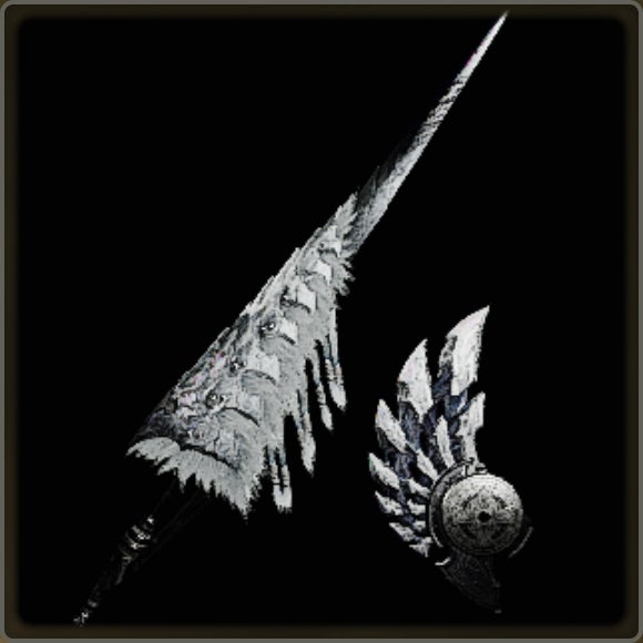 A close-up of a weapon in Monster Hunter Wilds against a black background.