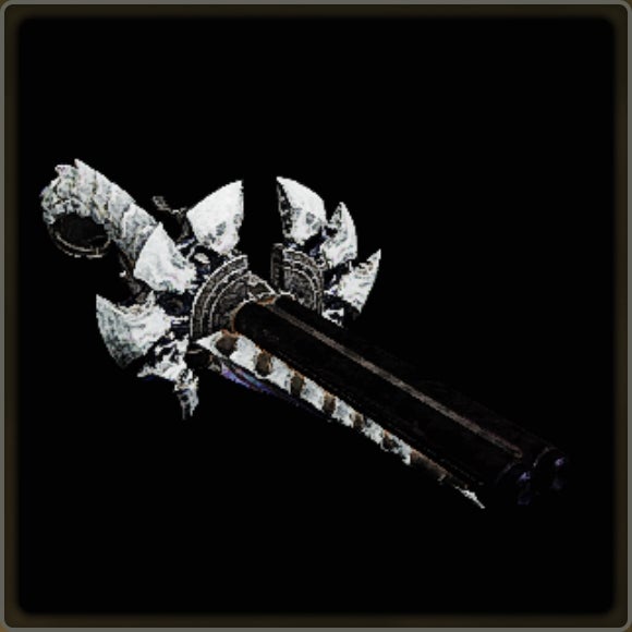 A close-up of a weapon in Monster Hunter Wilds against a black background.