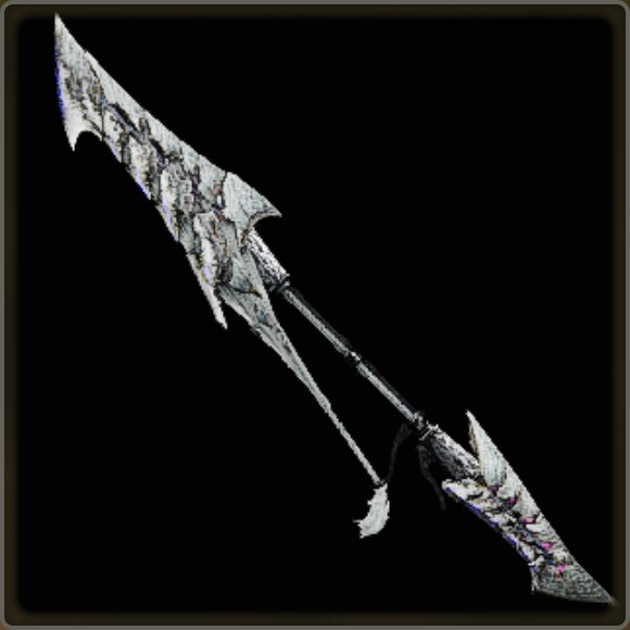 A close-up of a weapon in Monster Hunter Wilds against a black background.