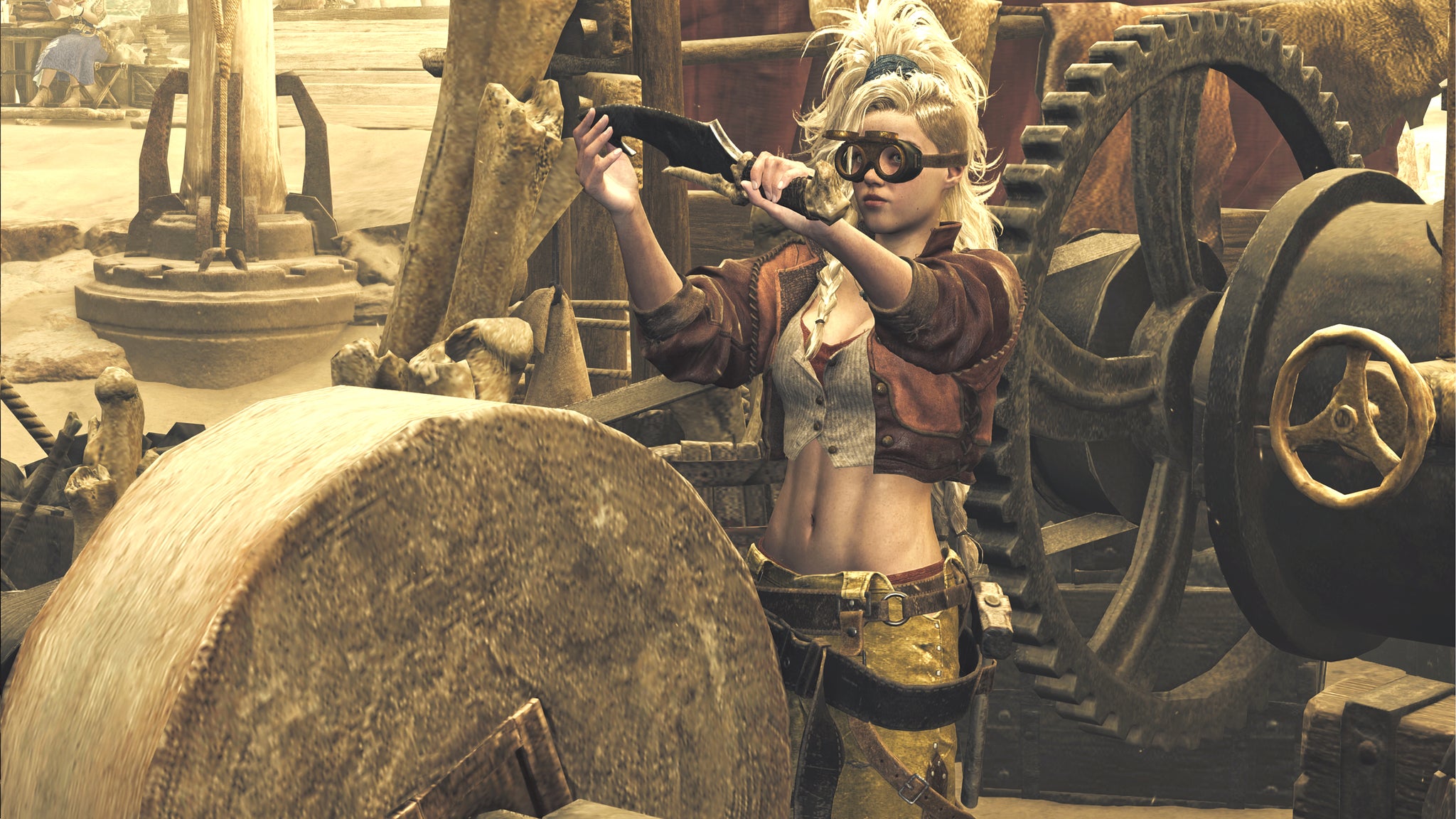 Gemma the Blacksmith, a key NPC in Monster Hunter Wilds, examines a knife that she is sharpening at a wheel in her Smithy. - 3