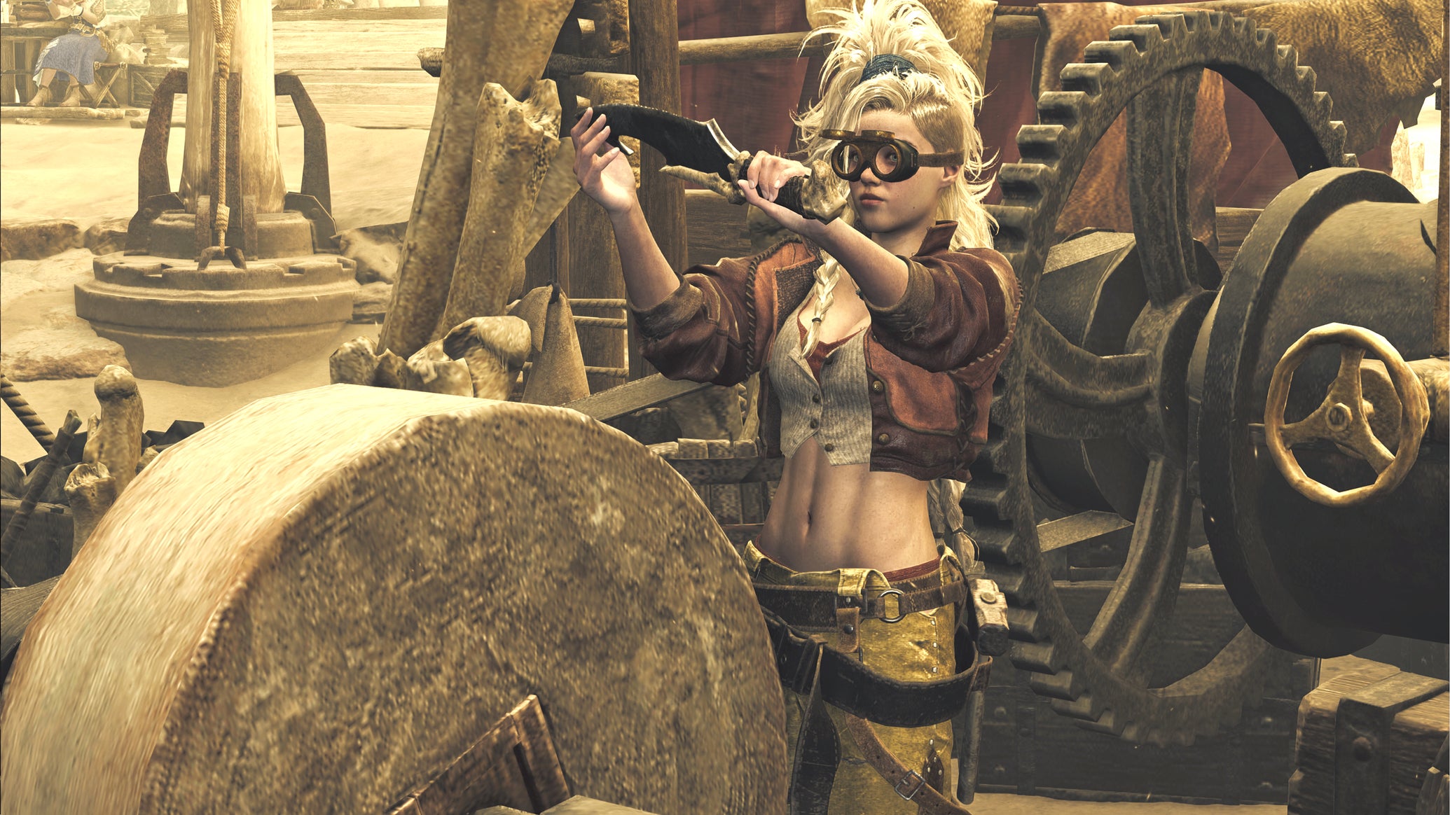 Gemma the Blacksmith, a key NPC in Monster Hunter Wilds, examines a knife that she is sharpening at a wheel in her Smithy. - 1