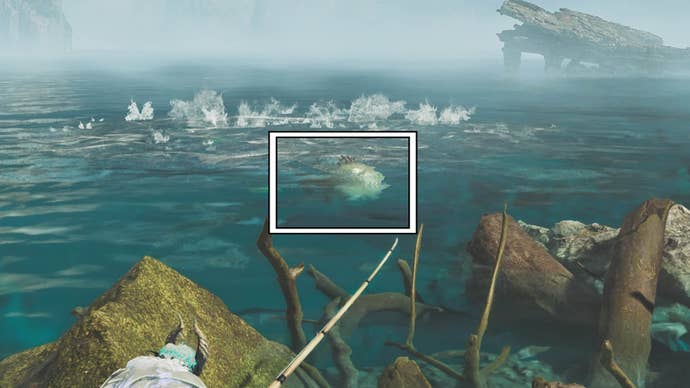 monster hunter wilds giant trevally pulling line in water