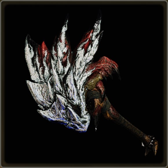 A close-up of a weapon in Monster Hunter Wilds against a black background.