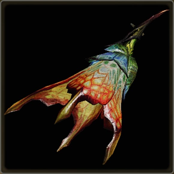 A close-up of a weapon in Monster Hunter Wilds against a black background.