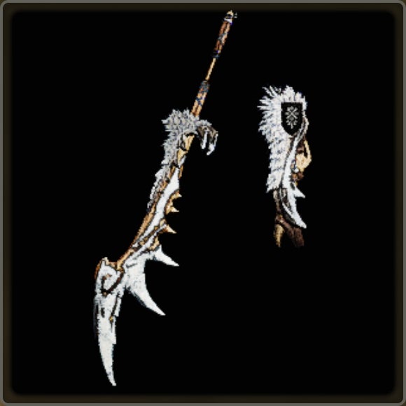 A close-up of a weapon in Monster Hunter Wilds against a black background.
