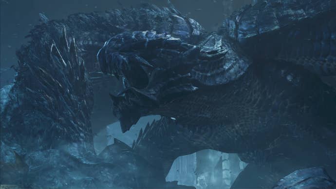 Gore Magala, a large monster in Monster Hunter Wilds, roars as it fights a Yian Kut-Ku.