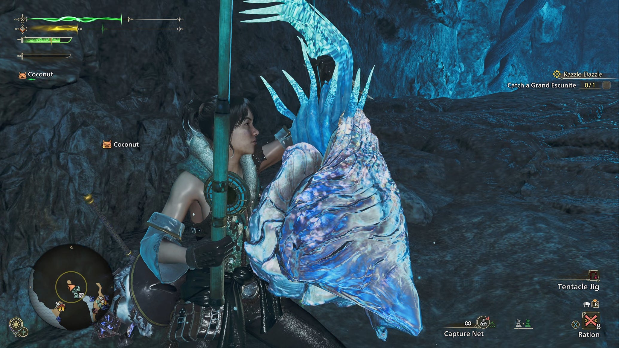 The player hunter in Monster Hunter Wilds holds aloft the glowing Grand Escunite that they just caught at a cave fishing spot. - 1