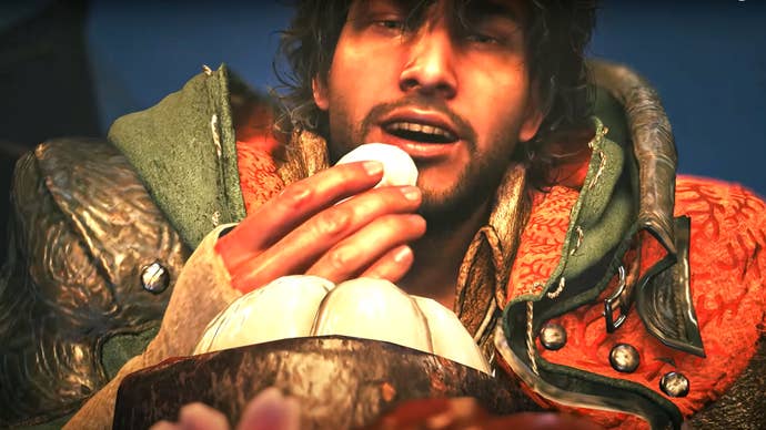 Monster Hunter Wilds screenshot showing a hunter chowing down on what may or not be an egg in The Grand Hub.