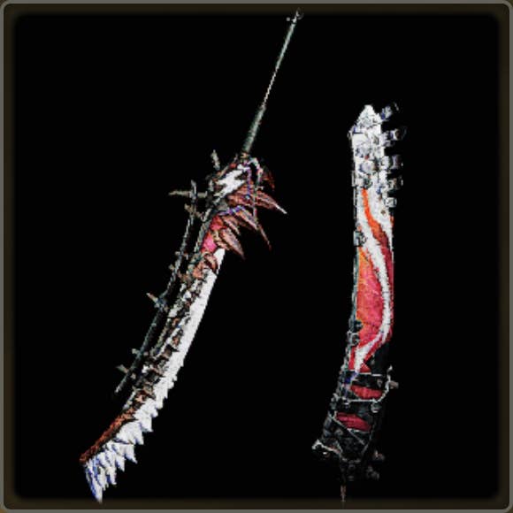A close-up of a weapon in Monster Hunter Wilds against a black background.