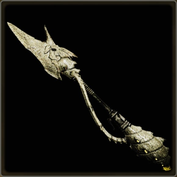 A close-up of a weapon in Monster Hunter Wilds against a black background.