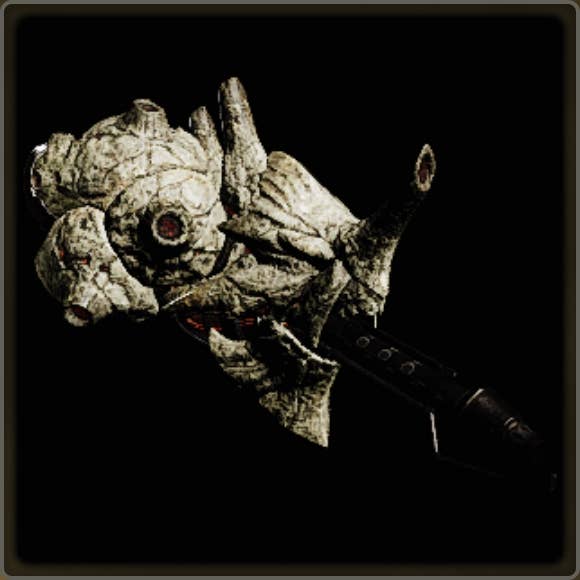 A close-up of a weapon in Monster Hunter Wilds against a black background.