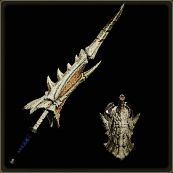 A close-up of a weapon in Monster Hunter Wilds against a black background. - 7
