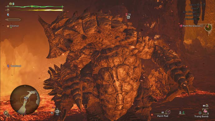 A close-up of a Gravios, a large monster in Monster Hunter Wilds, in a lava-filled area of the Oilwell Basin.