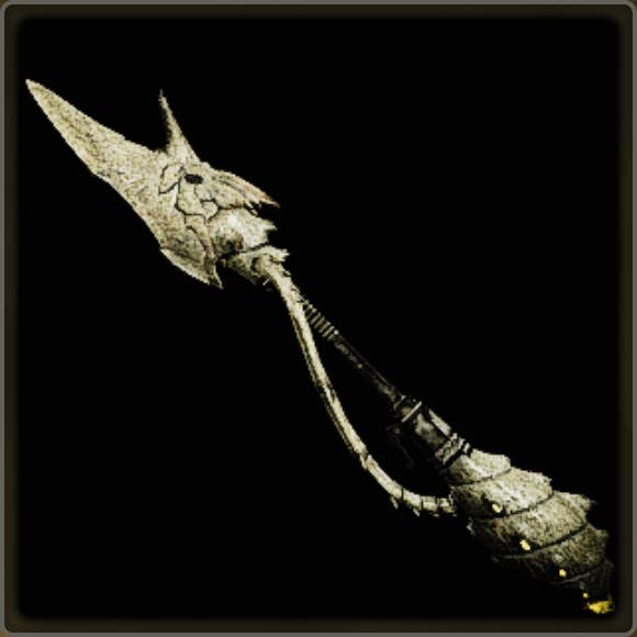 A close-up of a weapon in Monster Hunter Wilds against a black background.