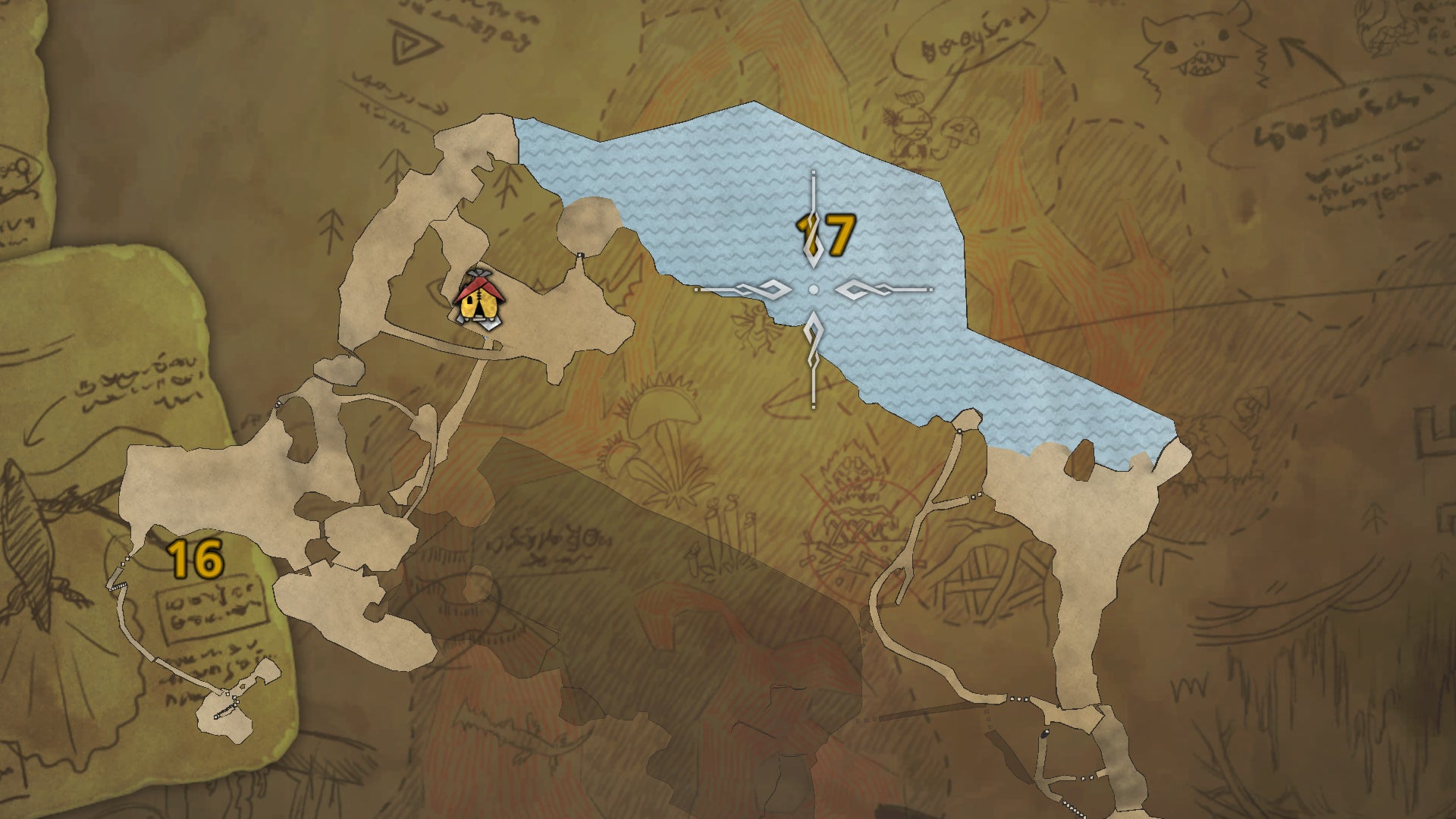 Part of the map of the Scarlet Forest in Monster Hunter Wilds, with the location of the Great Lake highlighted by the reticule. - 5