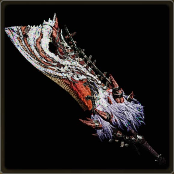 A close-up of a weapon in Monster Hunter Wilds against a black background.