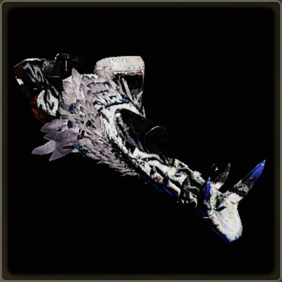 A close-up of a weapon in Monster Hunter Wilds against a black background.