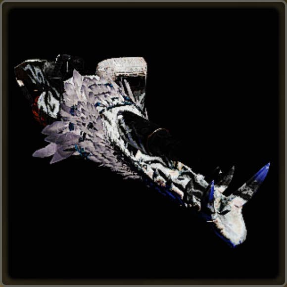 A close-up of a weapon in Monster Hunter Wilds against a black background.