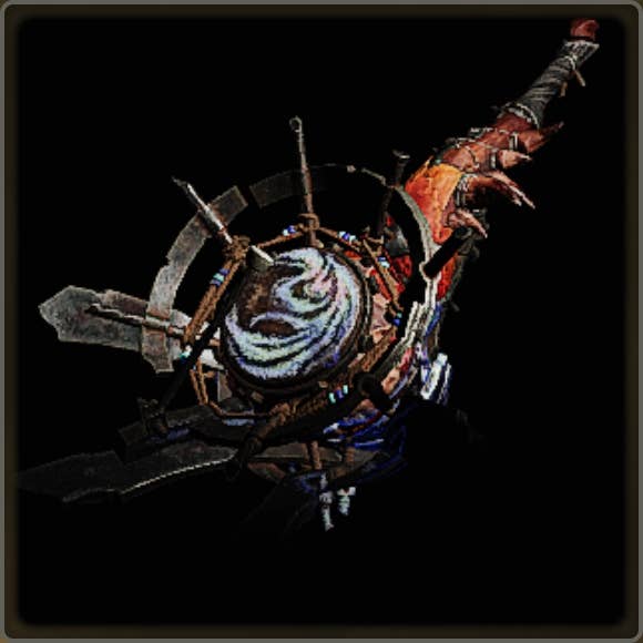 A close-up of a weapon in Monster Hunter Wilds against a black background.