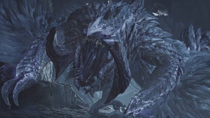 Guardian Arkveld, a large monster in Monster Hunter Wilds, roars at the hunter just off-screen.