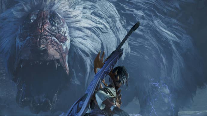 A Guardian Doshaguma, a large monster in Monster Hunter Wilds, roars at the player hunter.