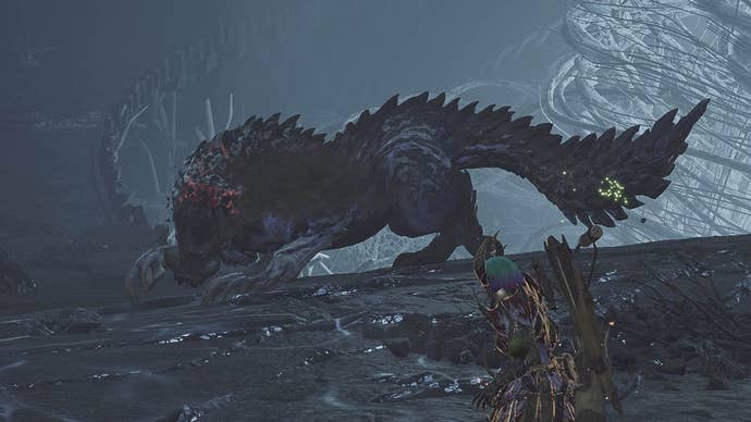 monster hunter wilds guardian ebony odogaron opening jaws to hunter