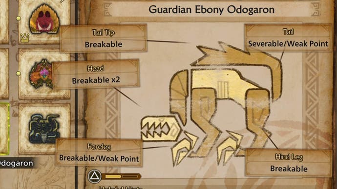 monster hunter wilds guardian ebony odogaron weak points in monster field journal