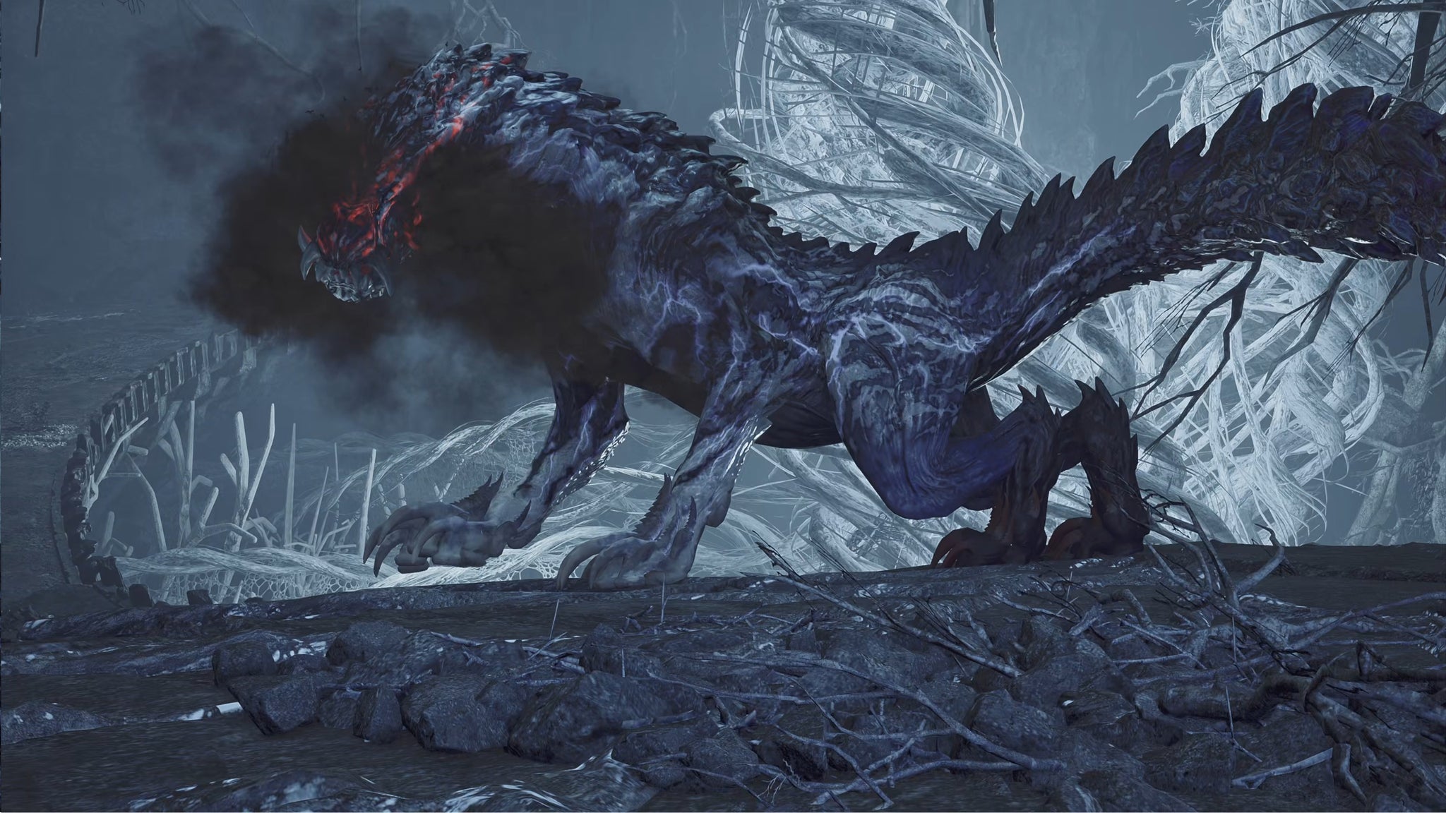 Guardian Ebony Odogaron, a large monster in Monster Hunter Wilds, turns to face the camera. - 20
