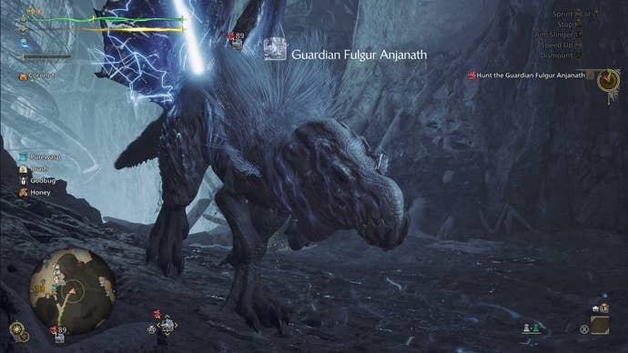 A Guardian Fulgur Anjanath, a large monster in Monster Hunter Wilds, runs towards the camera.