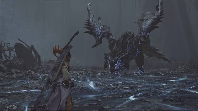 The hunter in Monster Hunter Wilds faces off against a Guardian Rathalos in Wyveria.