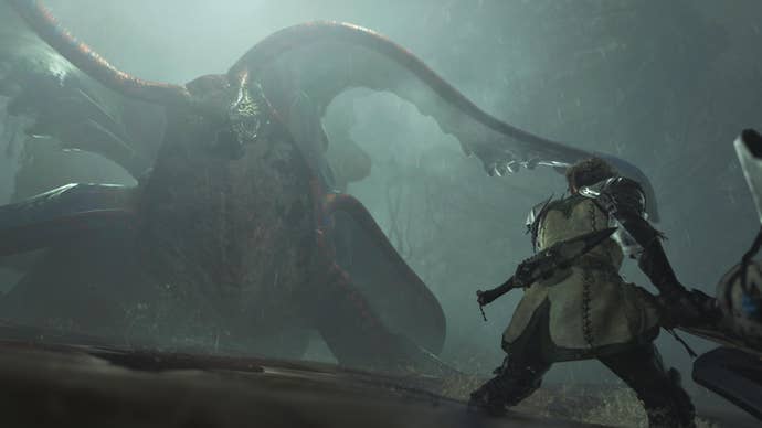 Gloria, an experienced hunter, taking on an Uth Duna with a Switch Axe in Monster Hunter Wilds.