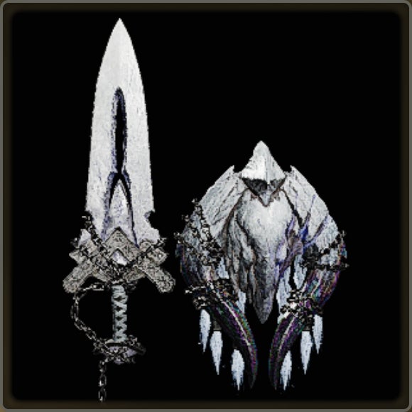 A close-up of a weapon in Monster Hunter Wilds against a black background.