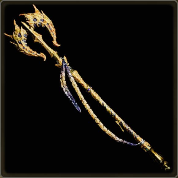A close-up of a weapon in Monster Hunter Wilds against a black background.