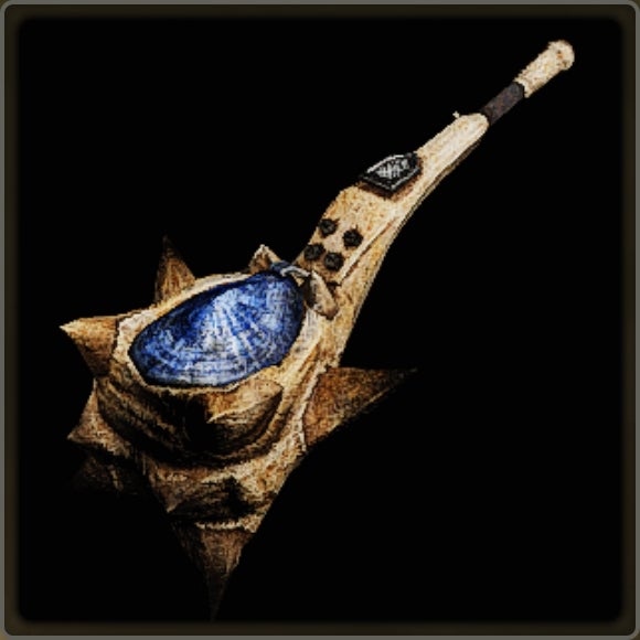 A close-up of a weapon in Monster Hunter Wilds against a black background.