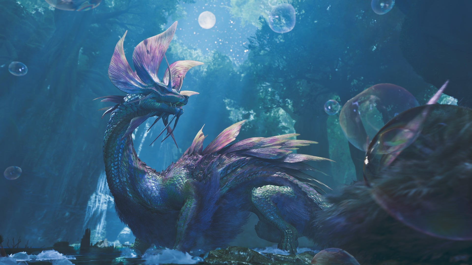 The Mizutsune in Monster Hunter Wilds - a rainbow-scaled leviathan with lots of flappy bits, seen on a moonlit forest night. - 1