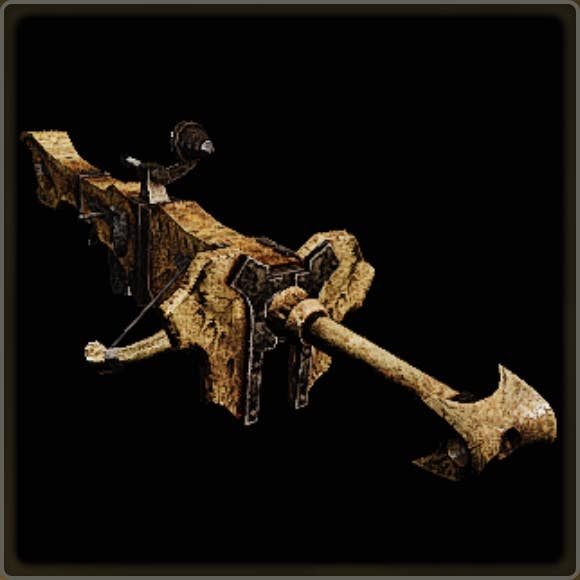 A close-up of a weapon in Monster Hunter Wilds against a black background.