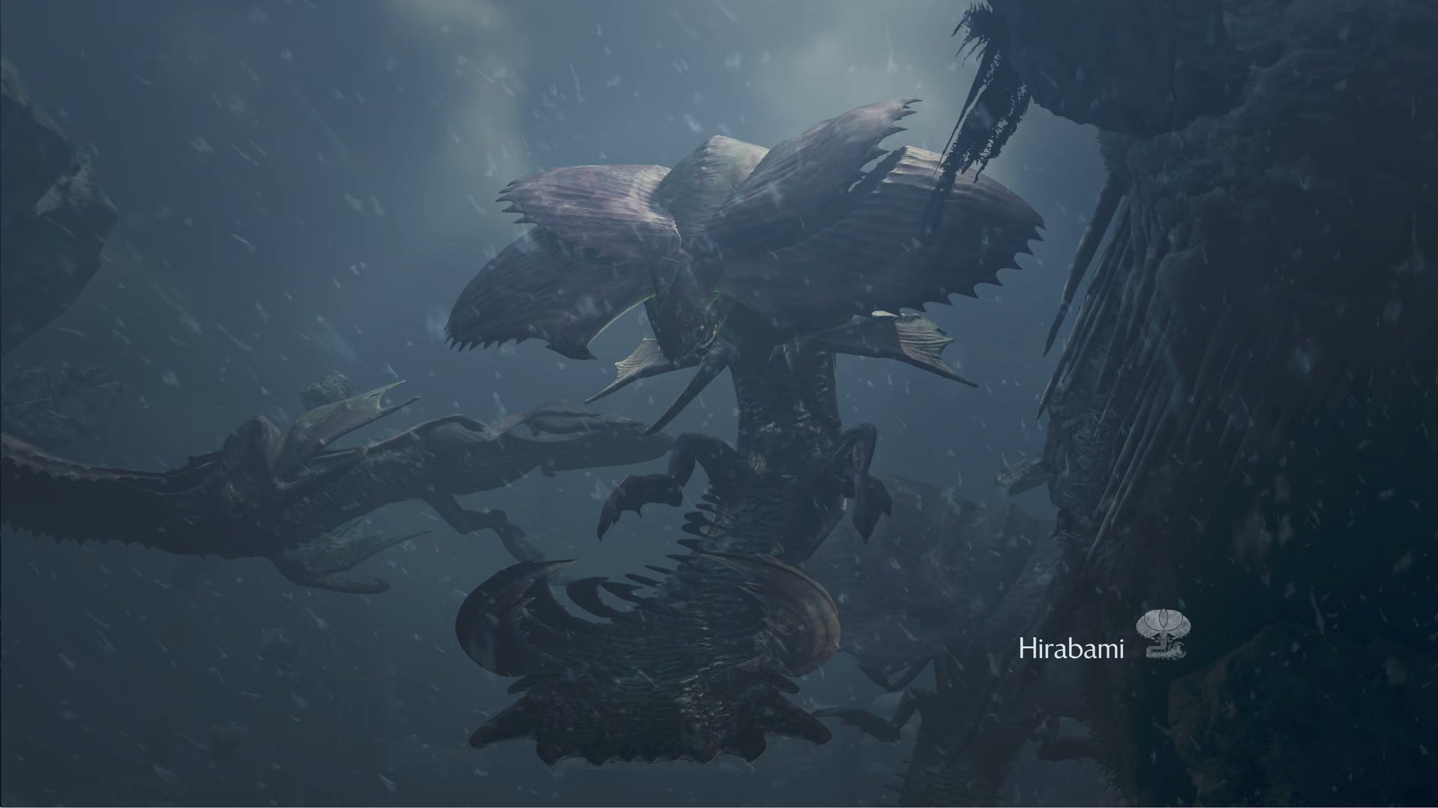 A group of Hirabami, a large monster in Monster Hunter Wilds, flies towards the player hunter in the Iceshard Cliffs. - 1